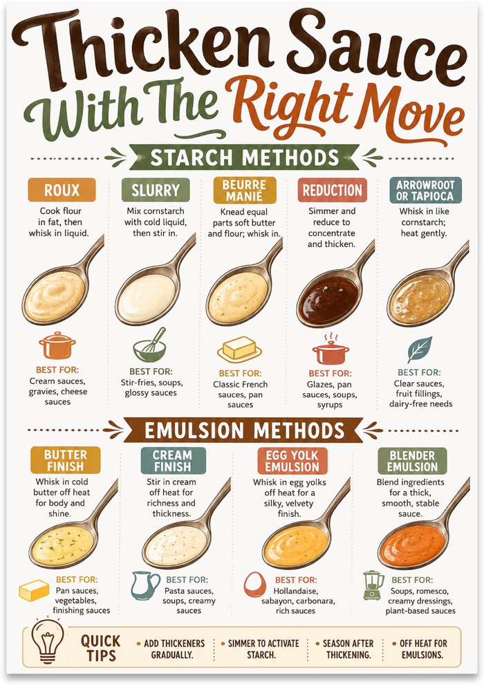 Thicken Sauce With the Right Move poster with illustrated spoons and separated sauce-method panels