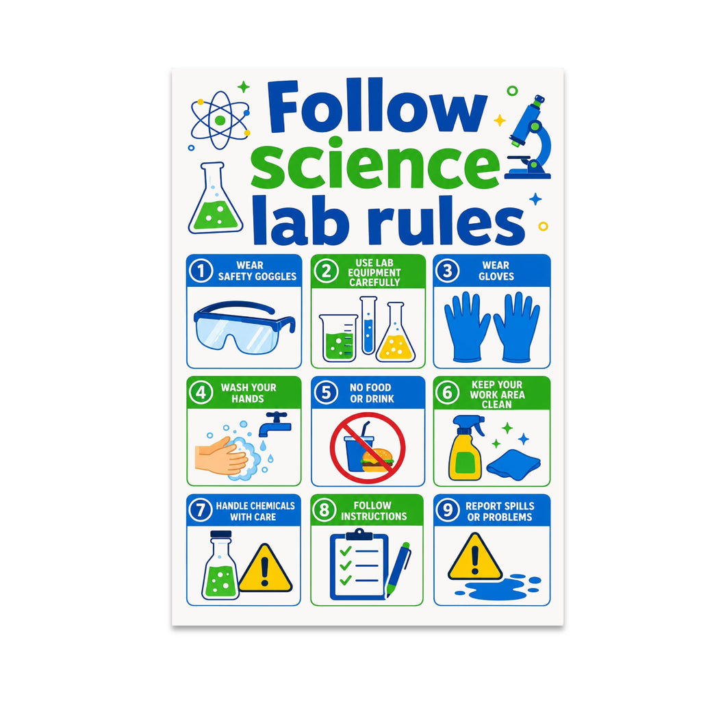 Follow Science Lab Rules poster with nine blue-and-green illustrated reminder panels
