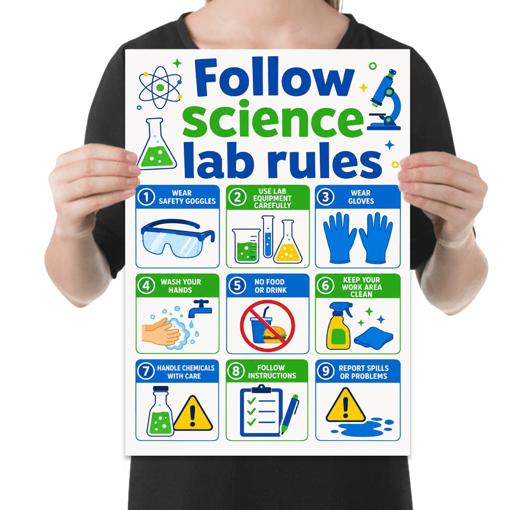 Follow Science Lab Rules poster with nine blue-and-green illustrated reminder panels held by a person for scale