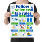 Follow Science Lab Rules poster with nine blue-and-green illustrated reminder panels held by a person for scale
