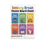 Sensory Break Choice Board poster with six colored activity panels and a printed planning section