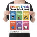Sensory Break Choice Board poster with six colored activity panels and a printed planning section held by a person for scale