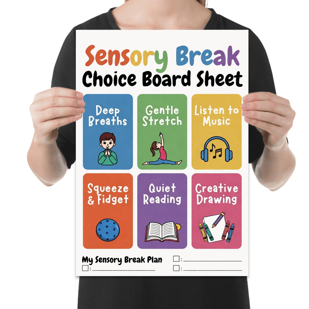 Sensory Break Choice Board poster with six colored activity panels and a printed planning section held by a person for scale