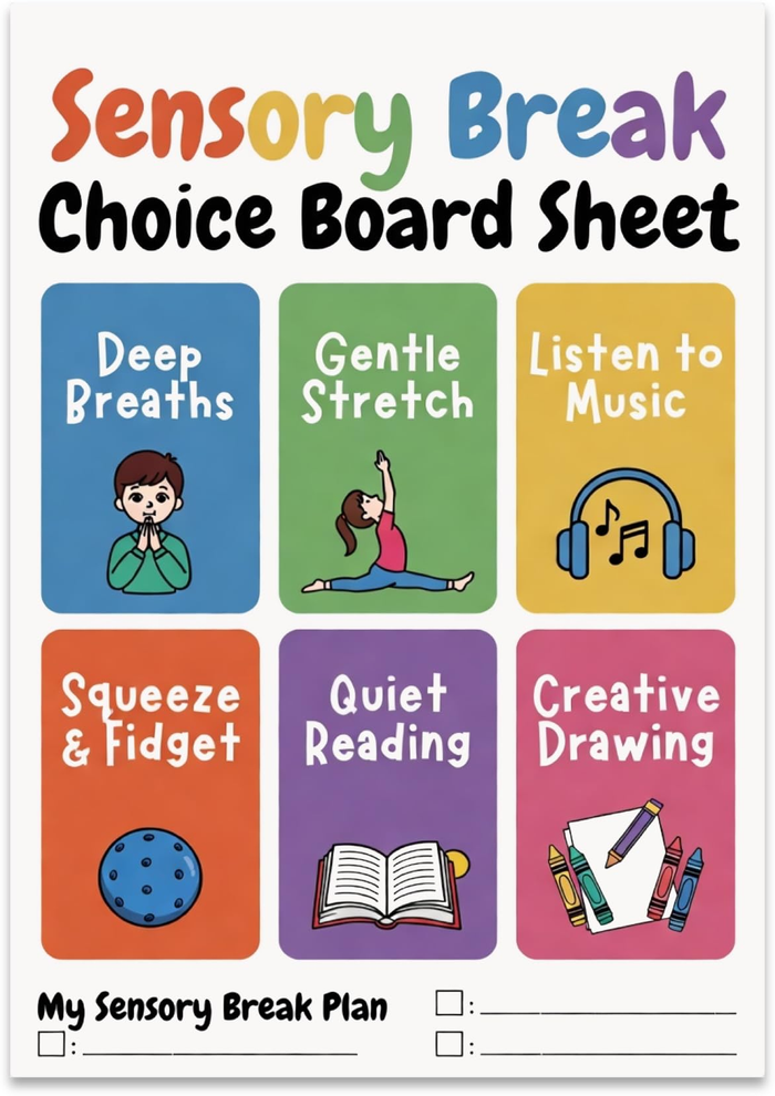 Sensory Break Choice Board poster with six colored activity panels and a printed planning section