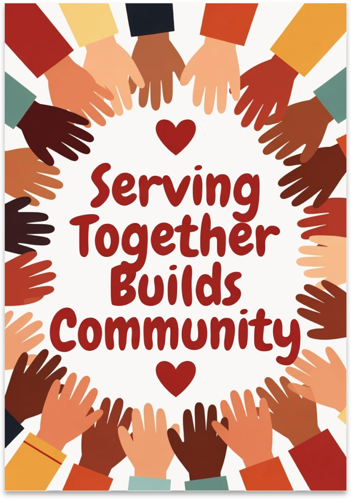 Serving Together Builds Community poster with a circle of reaching hands and red hearts