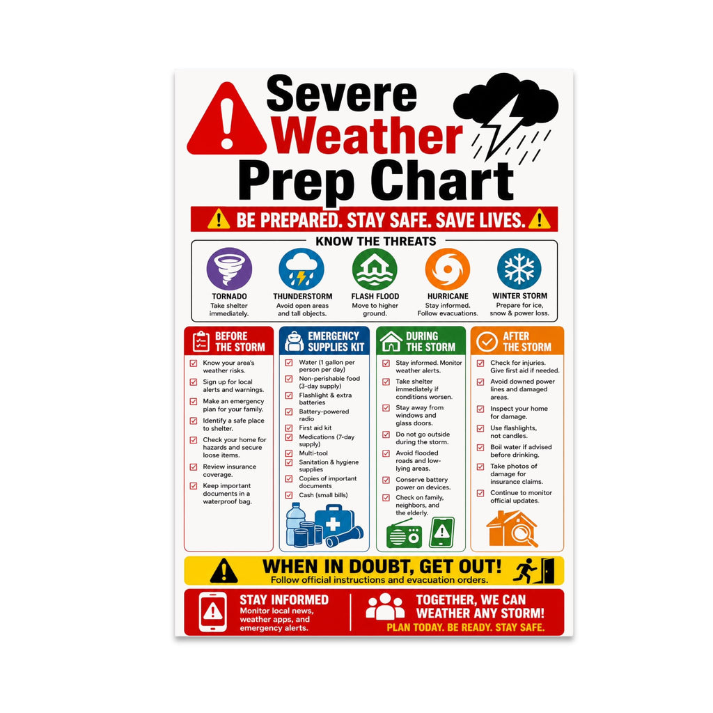 Severe Weather Prep Chart poster with five weather icons and four color-coded planning columns
