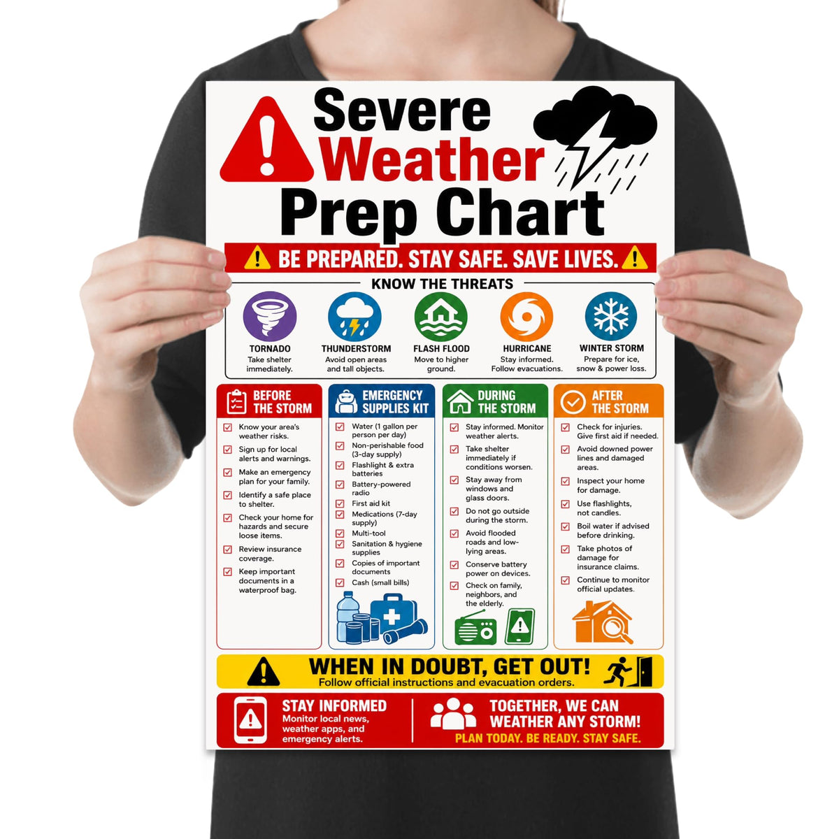 Severe Weather Prep Chart poster with five weather icons and four color-coded planning columns held by a person for scale