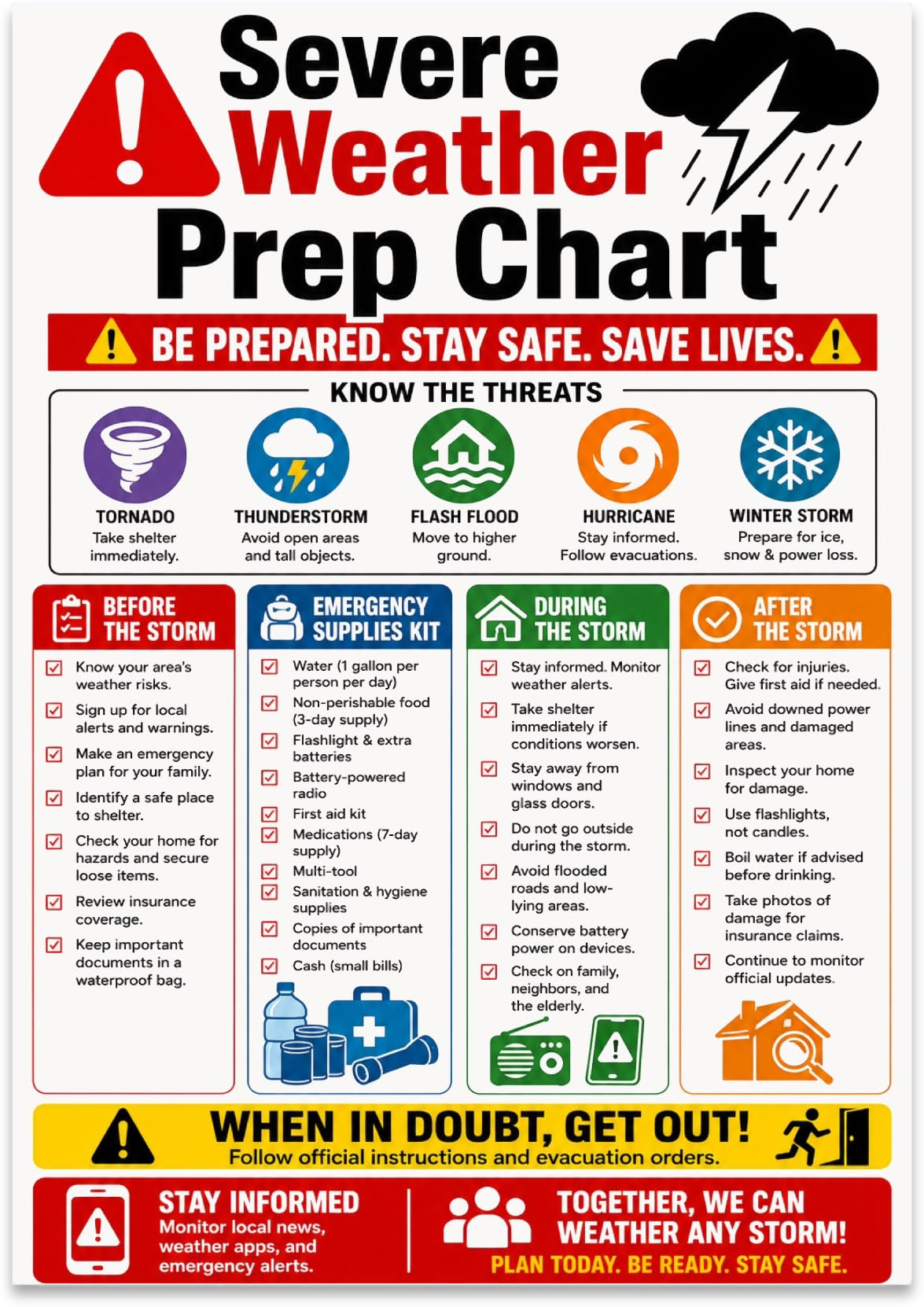 Severe Weather Prep Chart poster with five weather icons and four color-coded planning columns