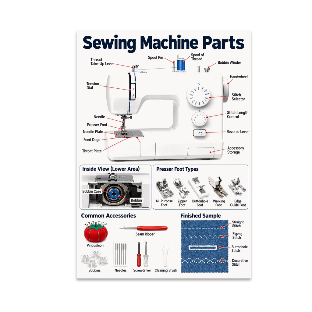 Sewing Machine Parts poster with a labeled machine, bobbin area, presser feet, and stitch samples