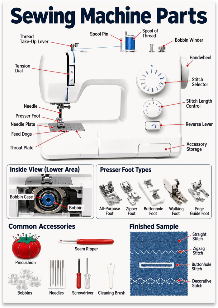 Sewing Machine Parts poster with a labeled machine, bobbin area, presser feet, and stitch samples