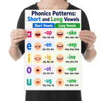 Phonics Patterns Short and Long Vowels poster with five letter rows, word-family examples and mouth illustrations, shown held for scale