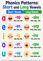 Phonics Patterns Short and Long Vowels poster with five letter rows, word-family examples and mouth illustrations