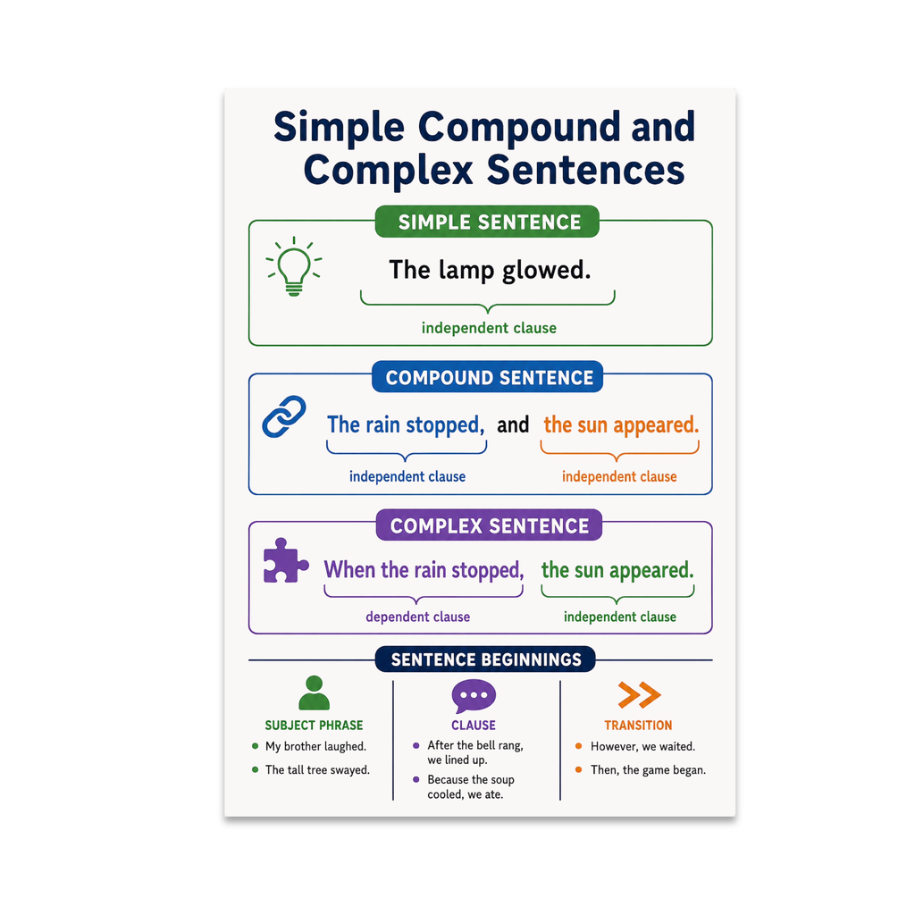 Simple Compound and Complex Sentences poster with green, blue and purple examples and clause labels