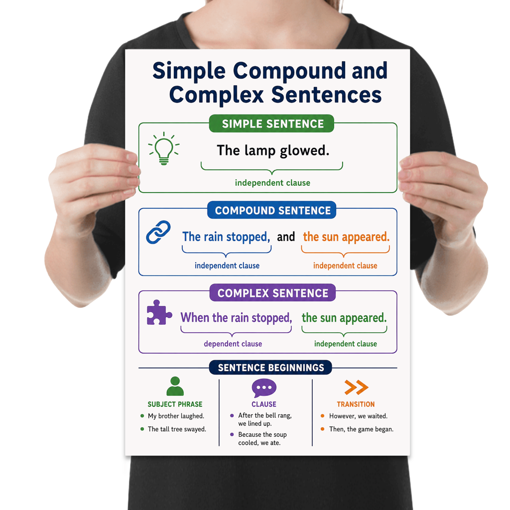 Simple Compound and Complex Sentences poster with green, blue and purple examples and clause labels shown in a held-poster mockup