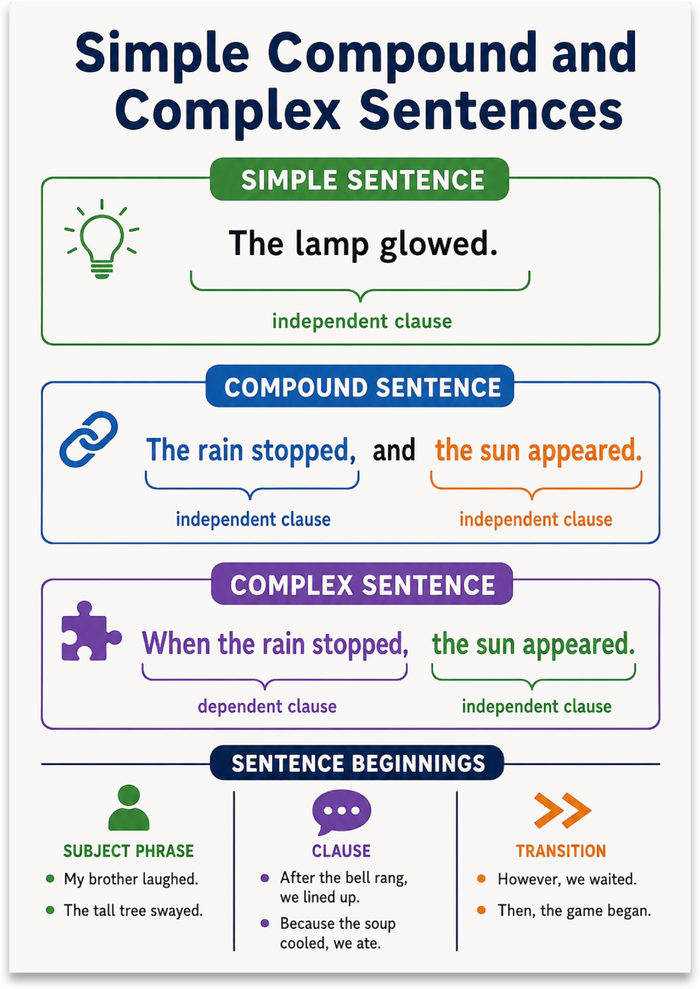 Simple Compound and Complex Sentences poster with green, blue and purple examples and clause labels