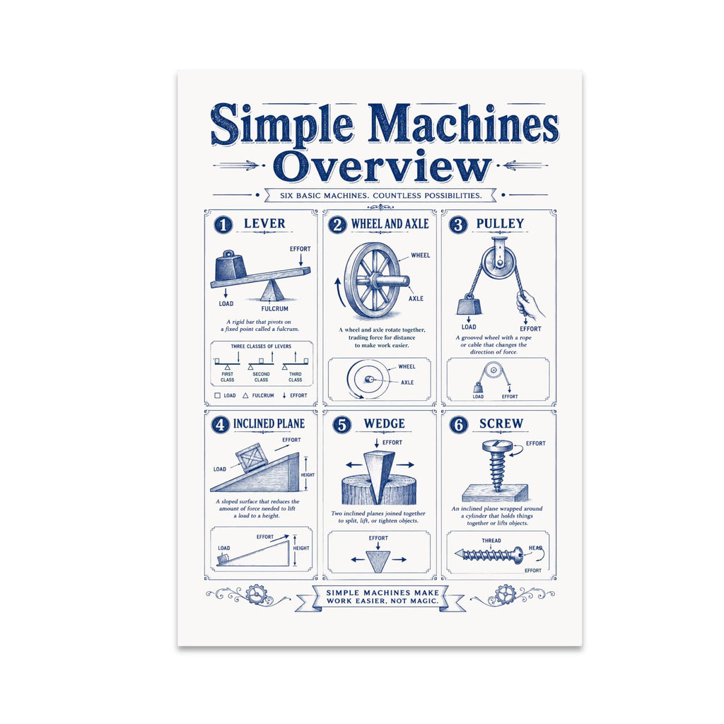 Simple Machines Overview poster with six navy illustrated panels for lever, wheel and axle, pulley, inclined plane, wedge, and screw
