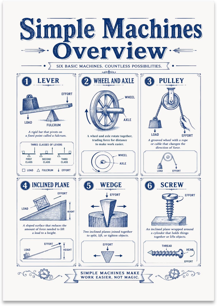 Simple Machines Overview poster with six navy illustrated panels for lever, wheel and axle, pulley, inclined plane, wedge, and screw