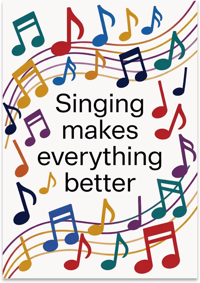 Singing makes everything better poster surrounded by colorful music notes and curved staff-like lines