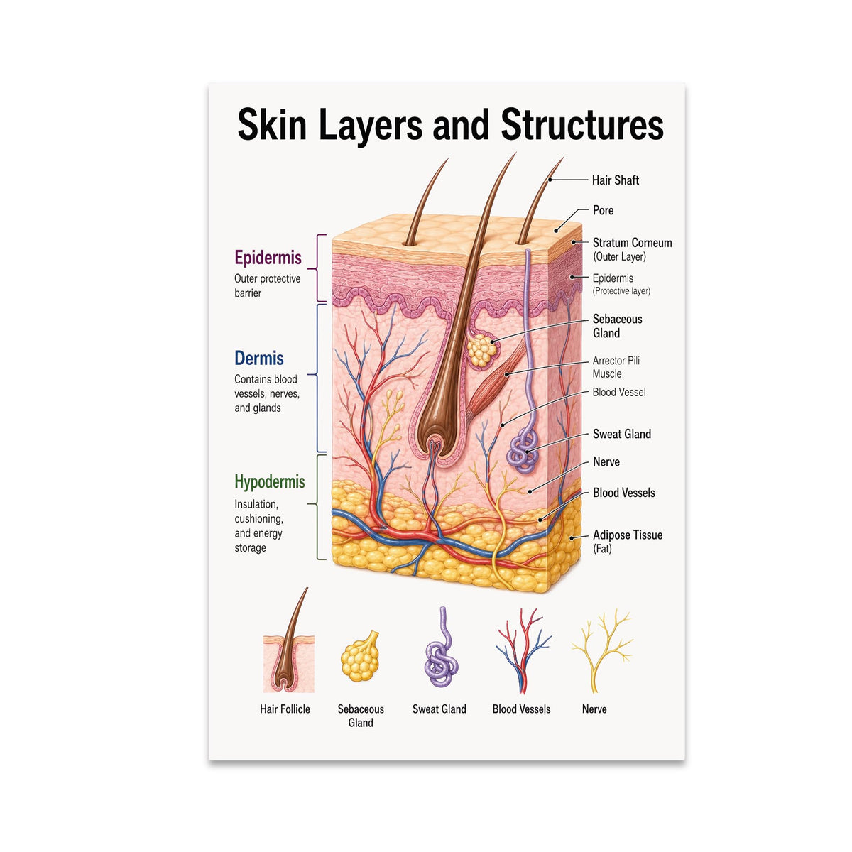 Skin anatomy poster with a labeled cross-section and small illustrations of hair follicles, glands, vessels, and nerves