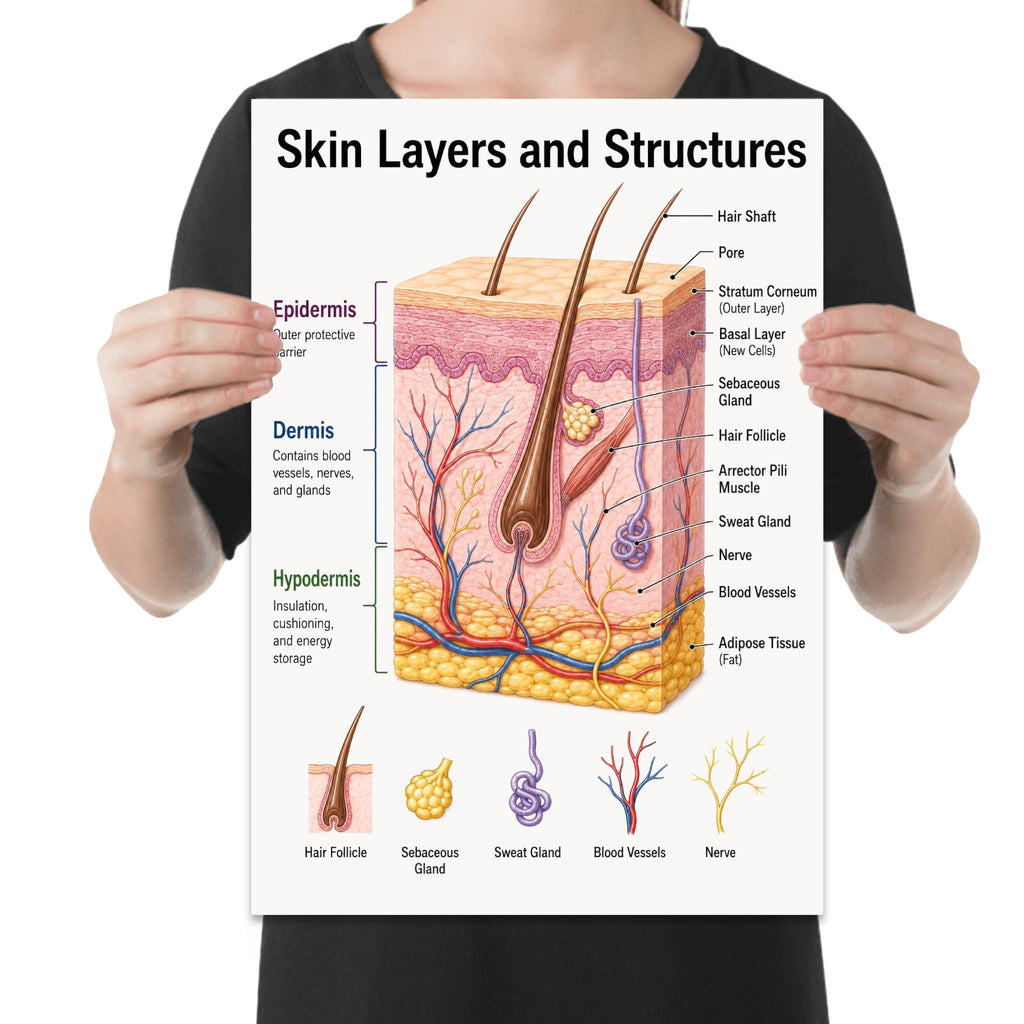 Person holding the skin layers & structures anatomy poster to show its layout