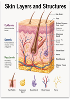 Skin anatomy poster with a labeled cross-section and small illustrations of hair follicles, glands, vessels, and nerves