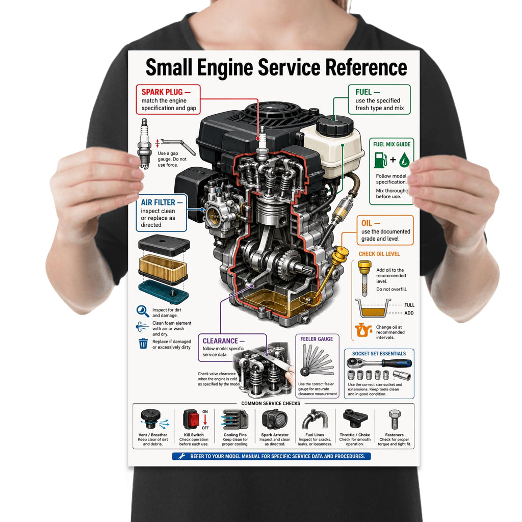 Small Engine Service Reference poster with a cutaway engine and color-coded maintenance callouts held by a person for scale