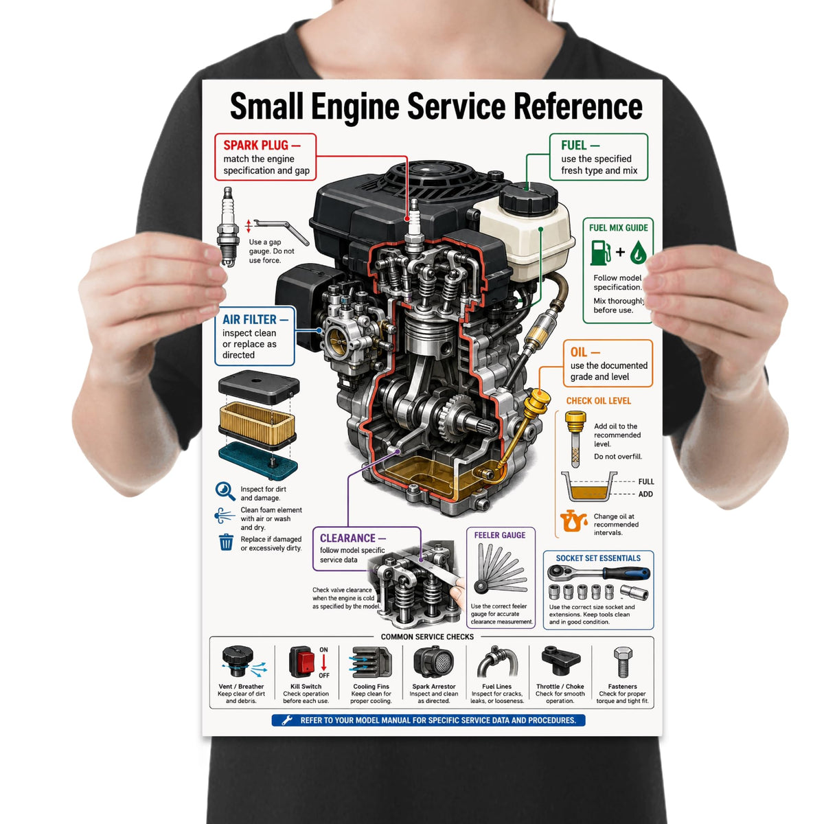 Small Engine Service Reference poster with a cutaway engine and color-coded maintenance callouts held by a person for scale