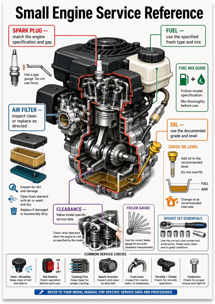 Small Engine Service Reference poster with a cutaway engine and color-coded maintenance callouts