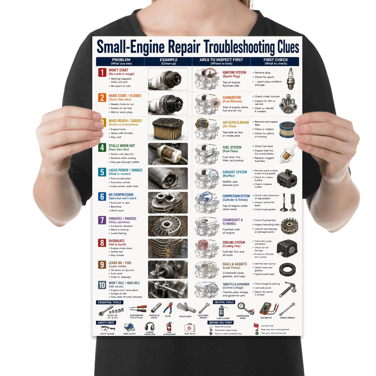 Small-Engine Repair Troubleshooting Clues poster with ten numbered rows, engine components and illustrated tools shown in a held-poster mockup