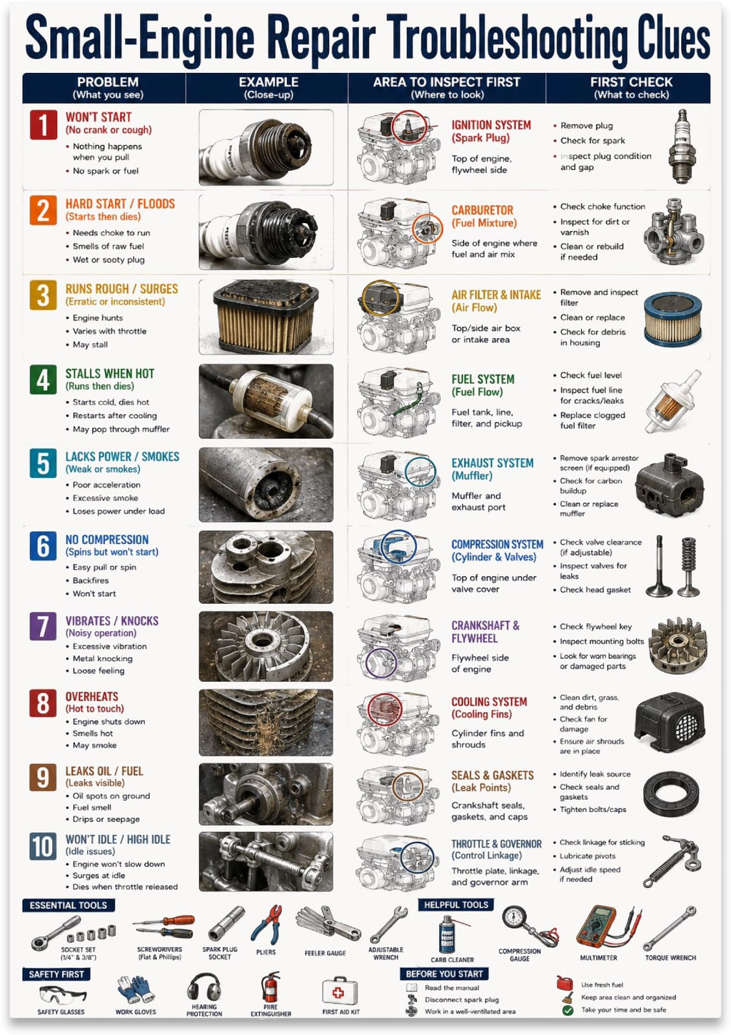Small-Engine Repair Troubleshooting Clues poster with ten numbered rows, engine components and illustrated tools