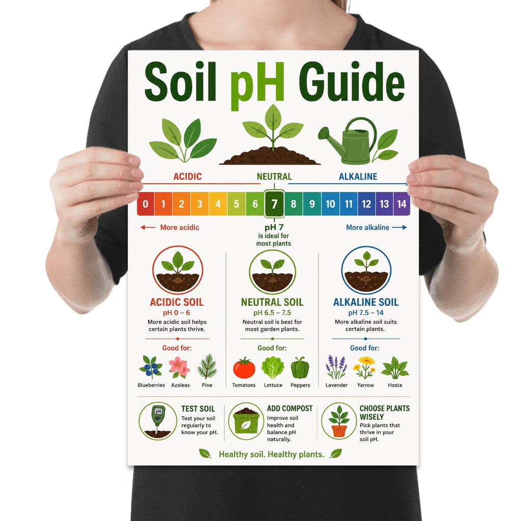 Soil pH Guide poster with a rainbow zero-to-fourteen scale, three soil pots and labeled plant examples shown in a held-poster mockup