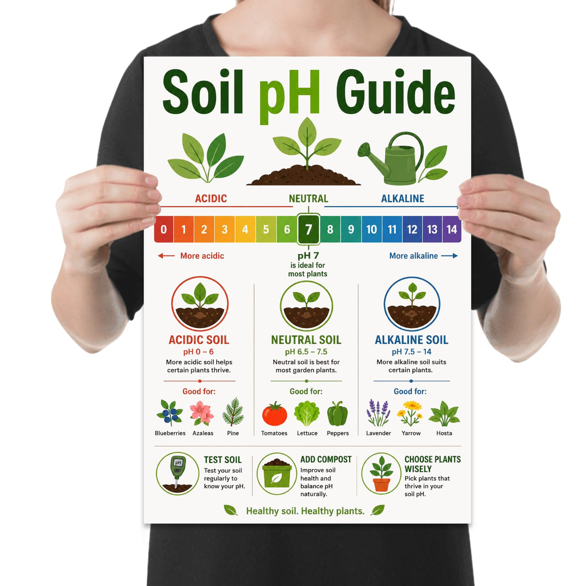Soil pH Guide poster with a rainbow zero-to-fourteen scale, three soil pots and labeled plant examples shown in a held-poster mockup