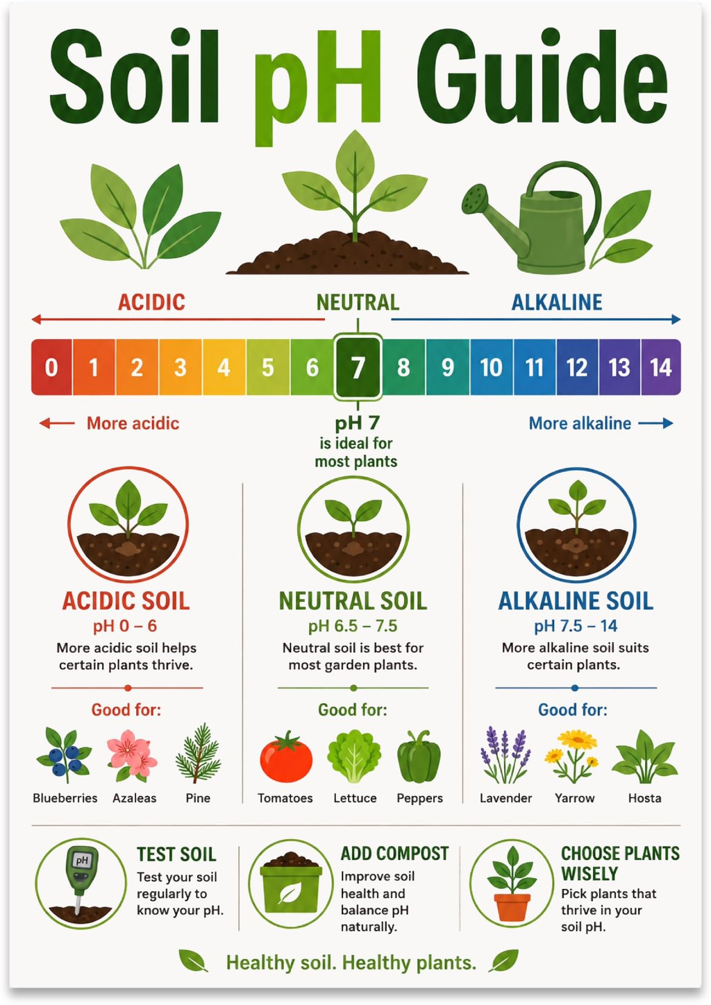 Soil pH Guide poster with a rainbow zero-to-fourteen scale, three soil pots and labeled plant examples