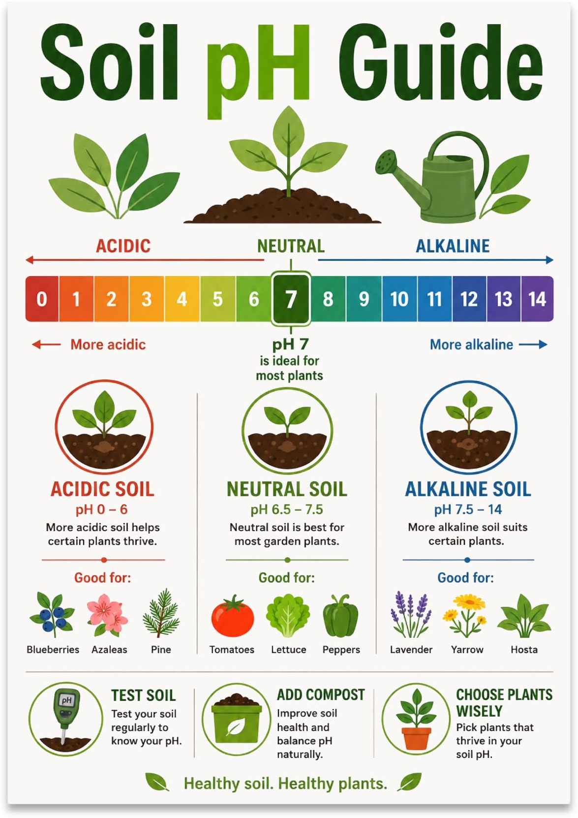 Soil pH Guide poster with a rainbow zero-to-fourteen scale, three soil pots and labeled plant examples