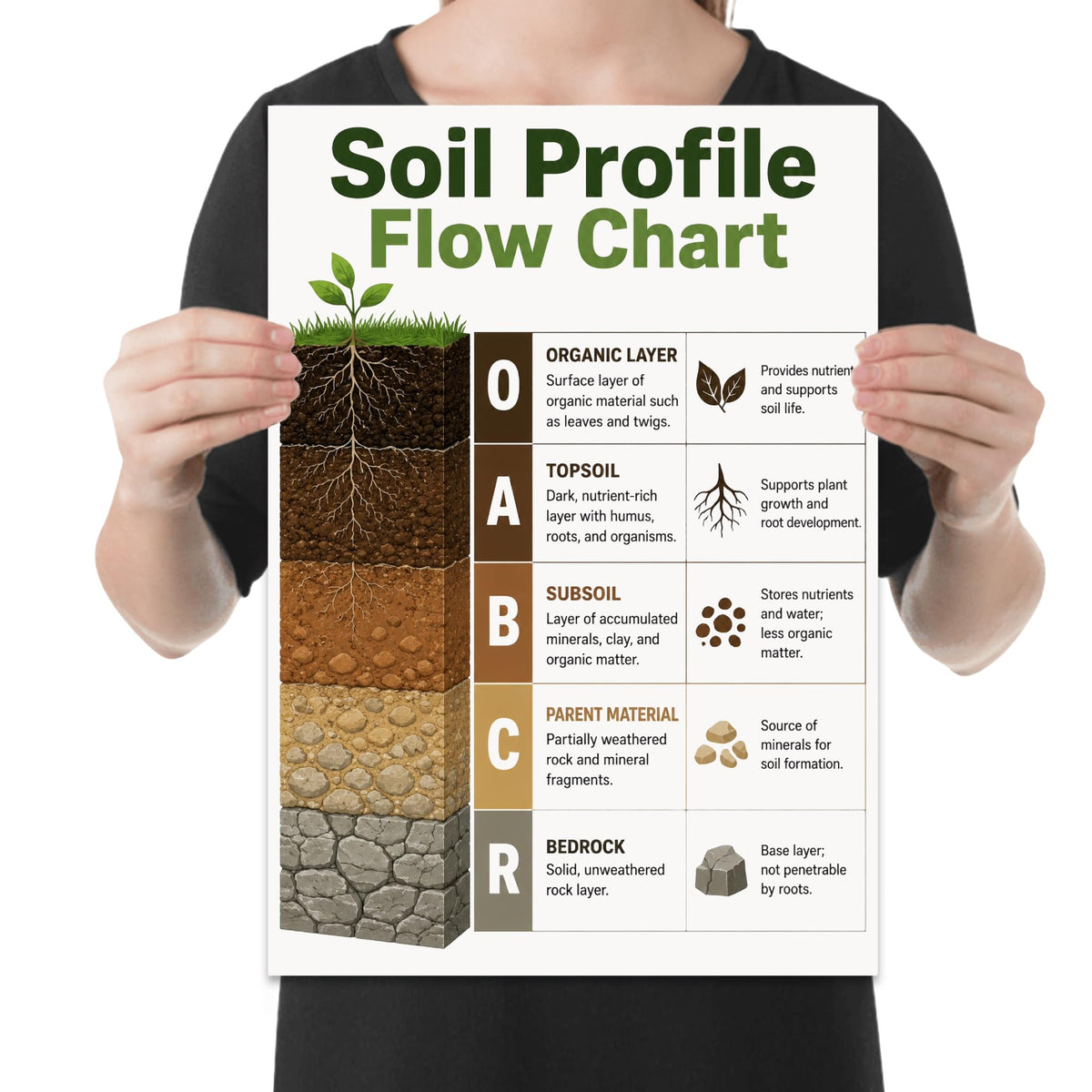 Soil Profile Flow Chart poster with an earthy cross-section and labeled O, A, B, C and R layers, shown held for scale