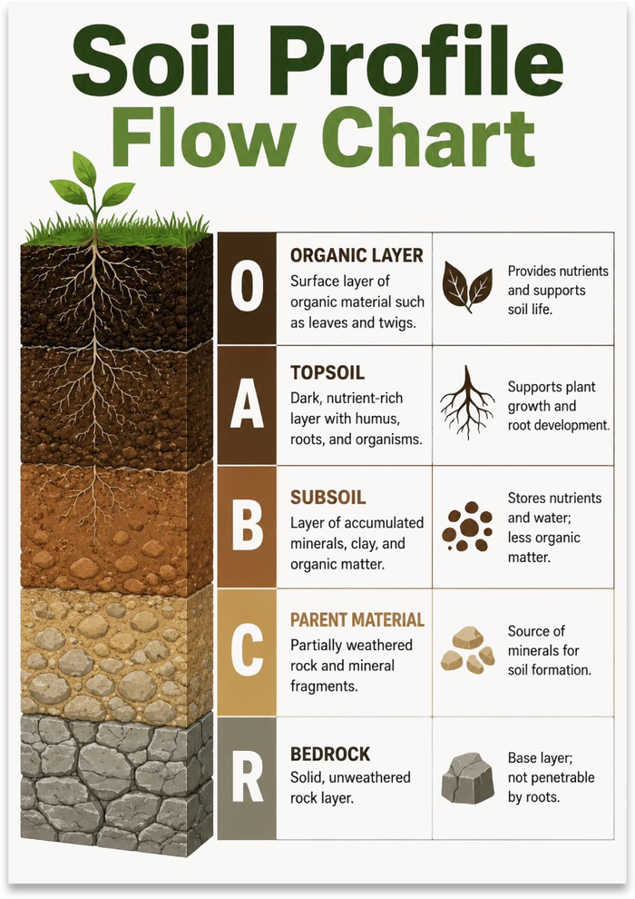Soil Profile Flow Chart poster with an earthy cross-section and labeled O, A, B, C and R layers
