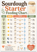 Sourdough Starter Feeding Chart poster with a seven-day example schedule and starter, flour, and water icons