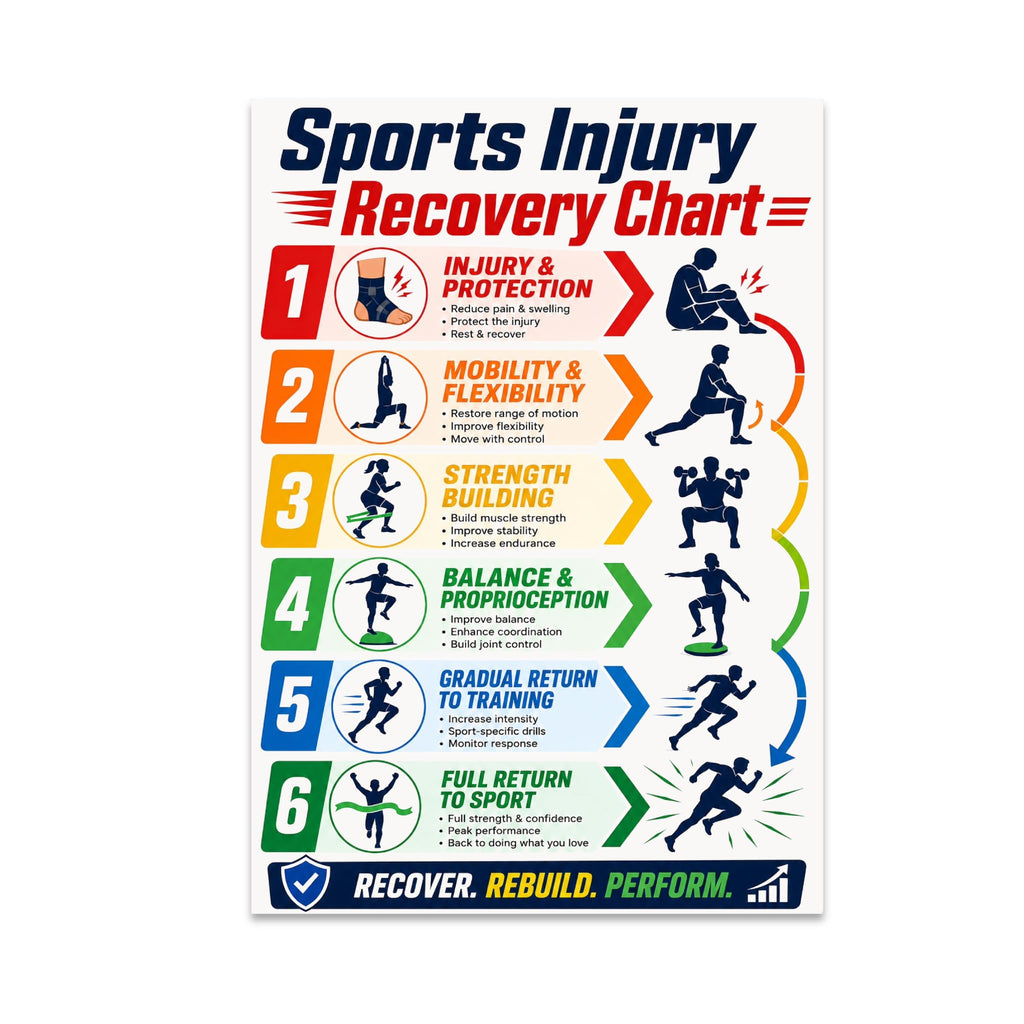 Sports Injury Recovery Chart poster with six colored stages and athletic silhouettes
