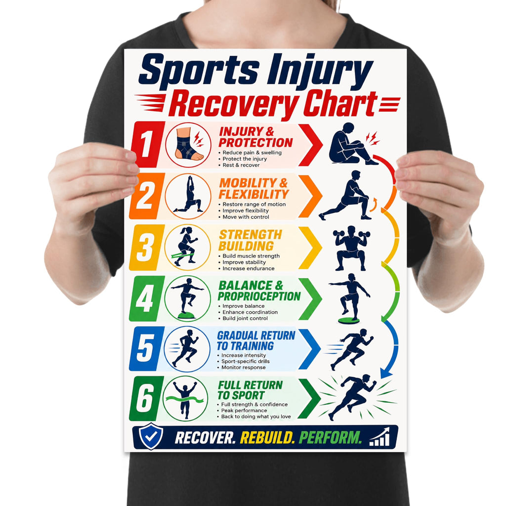 Sports Injury Recovery Chart poster with six colored stages and athletic silhouettes, shown held for scale
