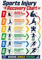Sports Injury Recovery Chart poster with six colored stages and athletic silhouettes