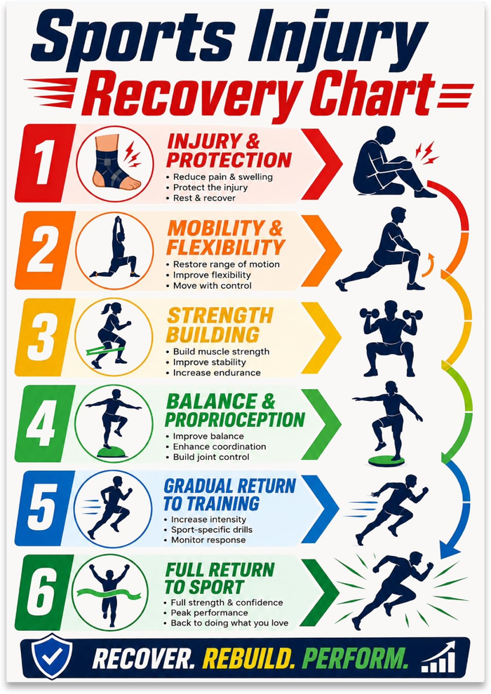 Sports Injury Recovery Chart poster with six colored stages and athletic silhouettes