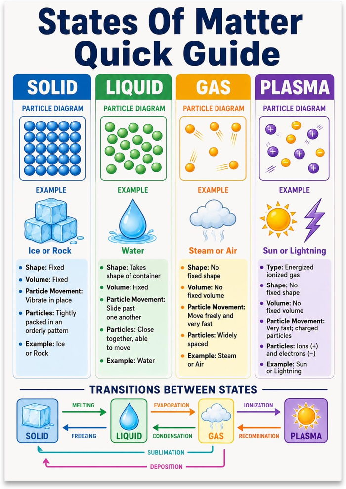 States of Matter Quick Guide poster with blue, green, orange, and purple columns and particle diagrams