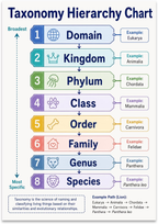 Taxonomy Hierarchy Chart poster with eight colored levels from domain to species and a lion classification example