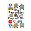 Tiny Passengers Big Responsibility poster with smiling yellow school buses, road signs and childlike figures