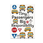 Tiny Passengers Big Responsibility poster with smiling yellow school buses, road signs and childlike figures