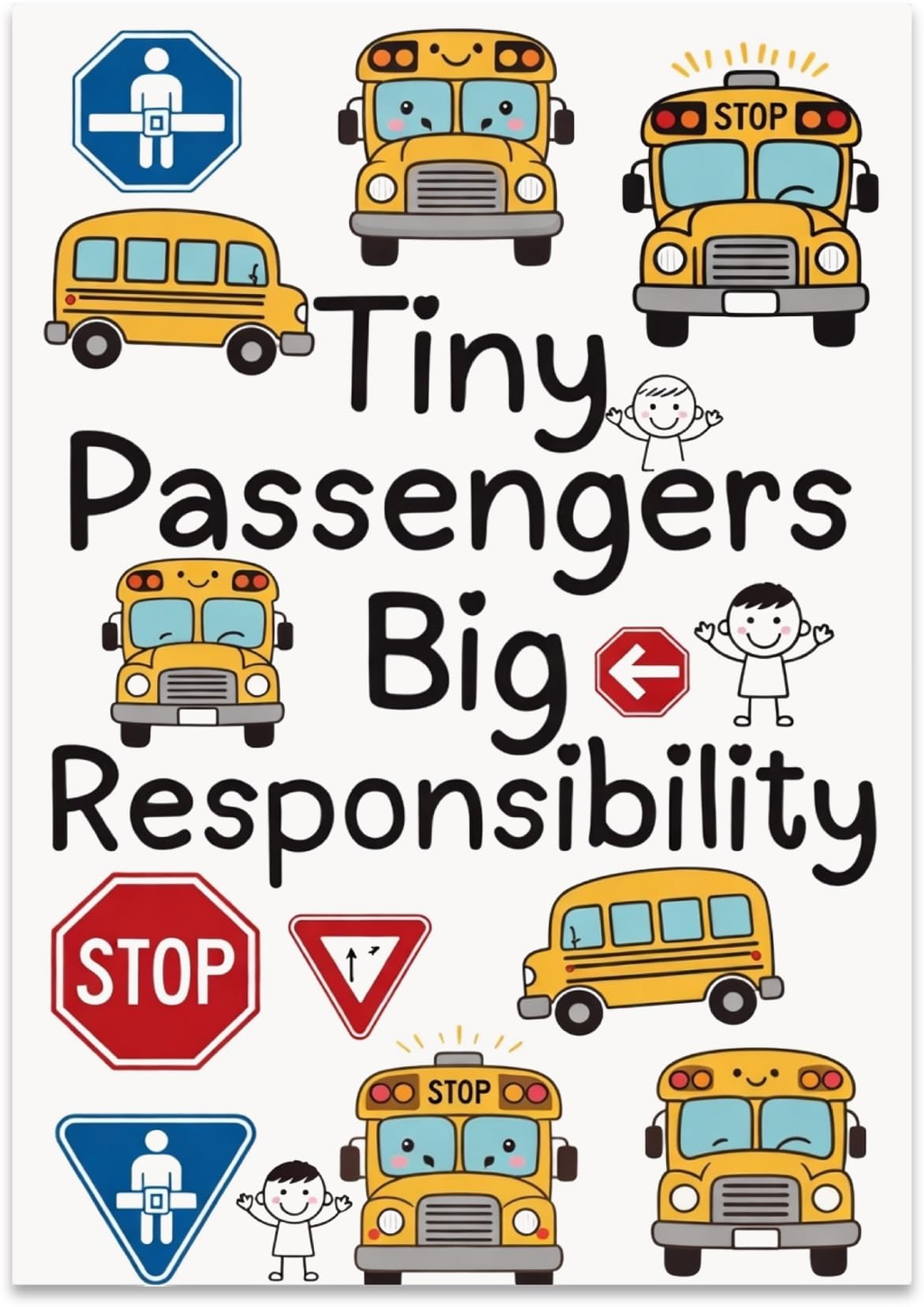 Tiny Passengers Big Responsibility poster with smiling yellow school buses, road signs and childlike figures