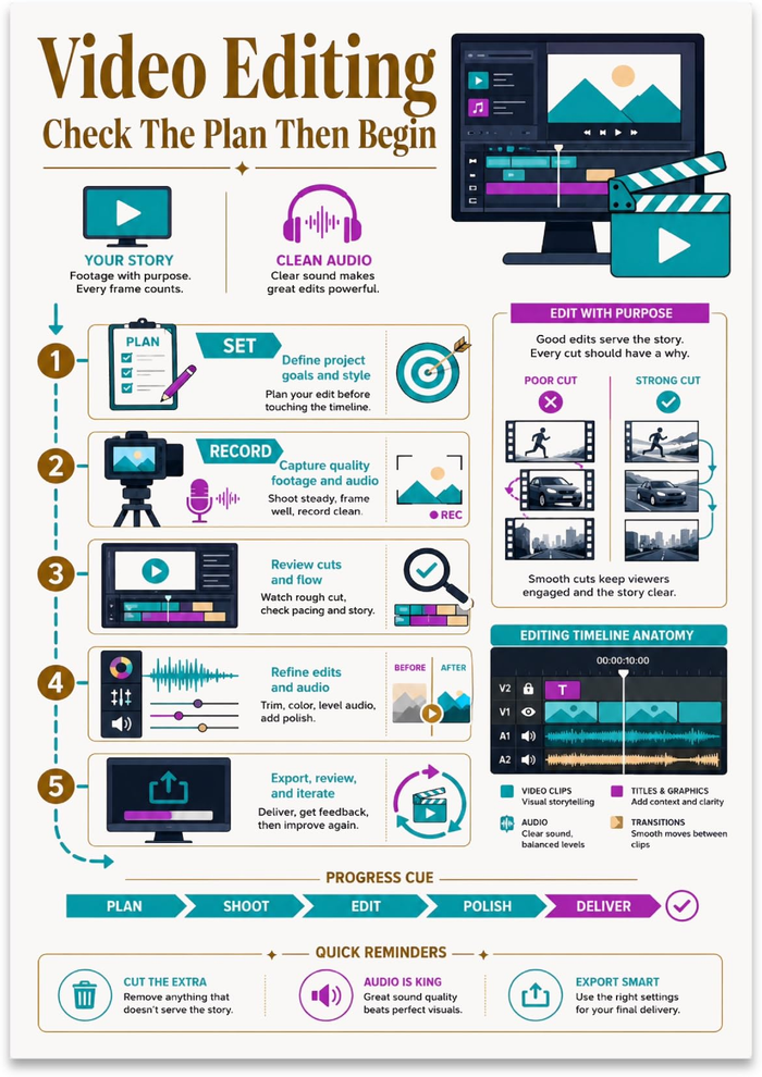 Video Editing Check The Plan Then Begin poster with workflow steps, monitors, audio icons and a timeline graphic