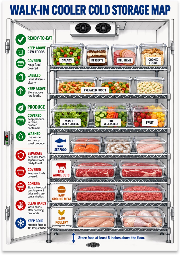 Walk-In Cooler Cold Storage Map poster with labeled shelves for ready-to-eat foods, produce, seafood, whole cuts, ground meat and poultry