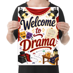 Welcome to Drama poster with red theater curtains, stage lights, comedy and tragedy masks and illustrated props shown in a held-poster mockup