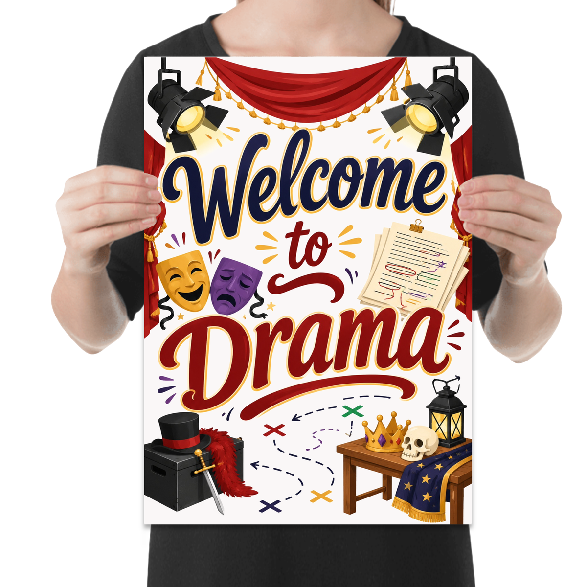 Welcome to Drama poster with red theater curtains, stage lights, comedy and tragedy masks and illustrated props shown in a held-poster mockup